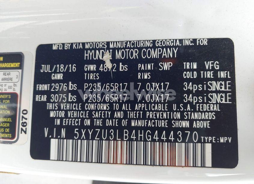 Photo 9 of 2017 Hyundai Santa FE SPORT 2.4L (VIN 5XYZU3LB4HG444370)