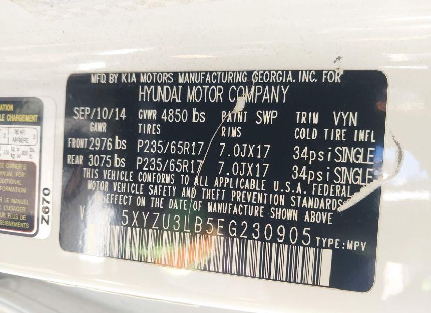 Photo 9 of 2014 Hyundai Santa FE SPORT 2.4L (VIN 5XYZU3LB5EG230905)