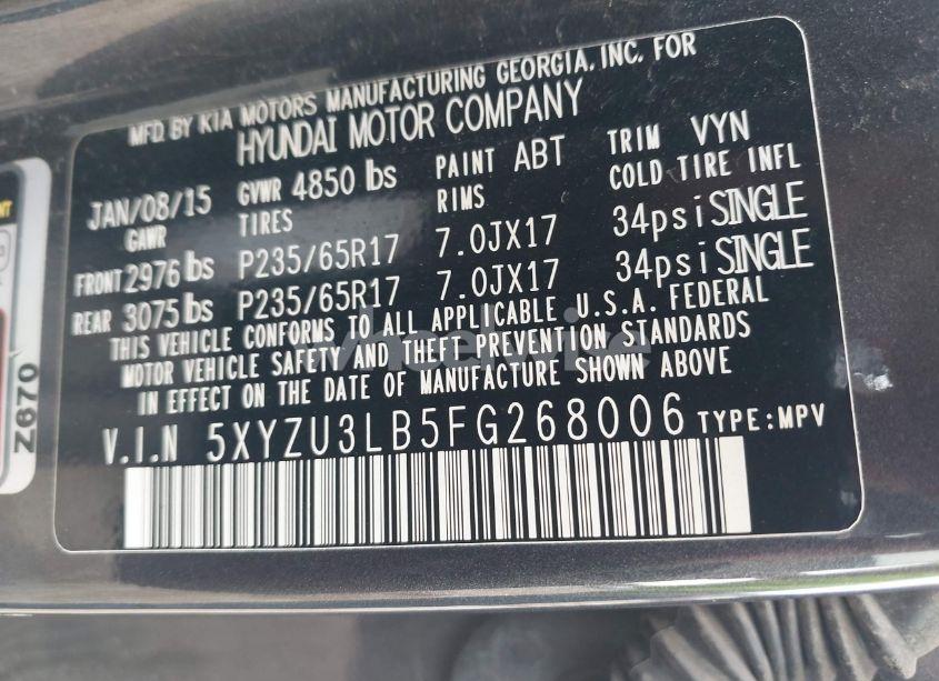 Photo 9 of 2015 Hyundai Santa FE SPORT 2.4L (VIN 5XYZU3LB5FG268006)