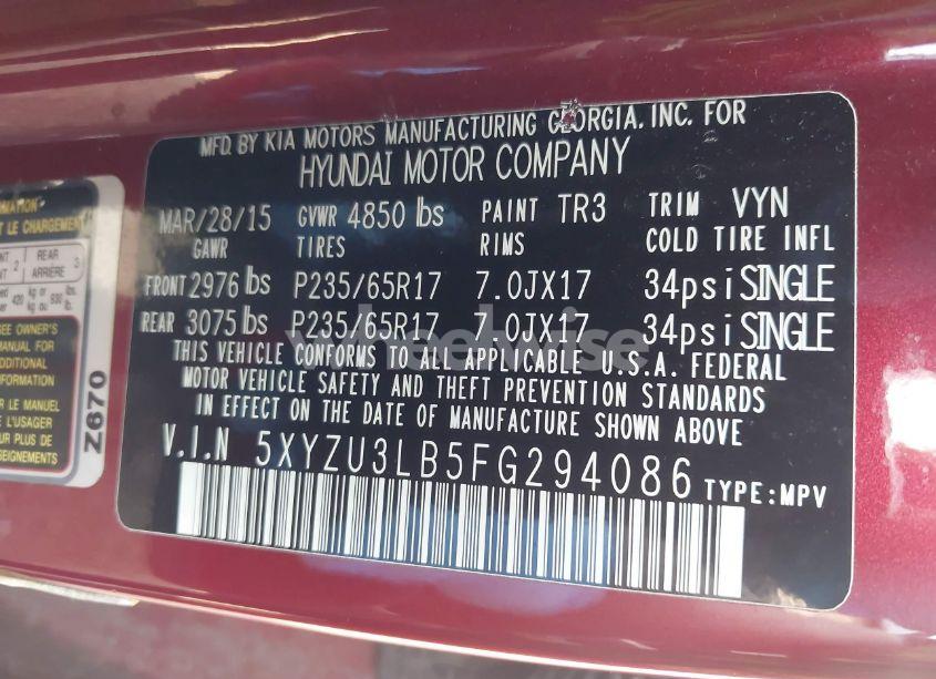 Photo 9 of 2015 Hyundai Santa FE SPORT 2.4L (VIN 5XYZU3LB5FG294086)