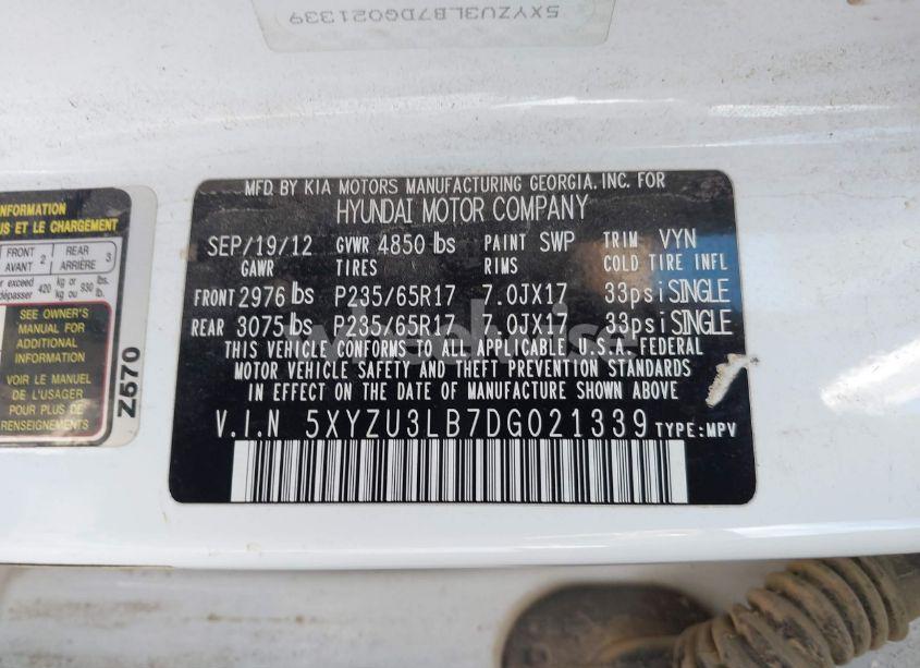 Photo 9 of 2013 Hyundai Santa FE SPORT (VIN 5XYZU3LB7DG021339)