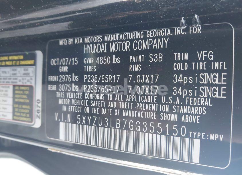 Photo 9 of 2016 Hyundai Santa FE SPORT 2.4L (VIN 5XYZU3LB7GG355150)