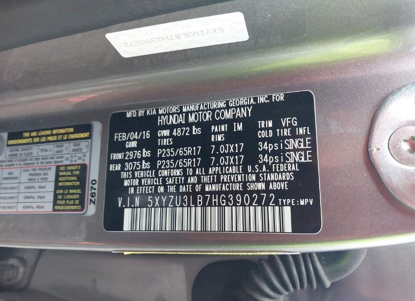 Photo 9 of 2017 Hyundai Santa FE SPORT 2.4L (VIN 5XYZU3LB7HG390272)