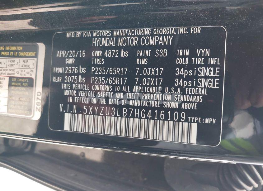 Photo 9 of 2017 Hyundai Santa FE SPORT 2.4L (VIN 5XYZU3LB7HG416109)