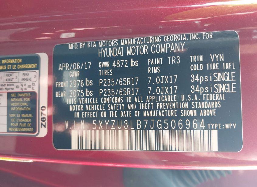 Photo 9 of 2018 Hyundai Santa FE SPORT 2.4L (VIN 5XYZU3LB7JG506964)