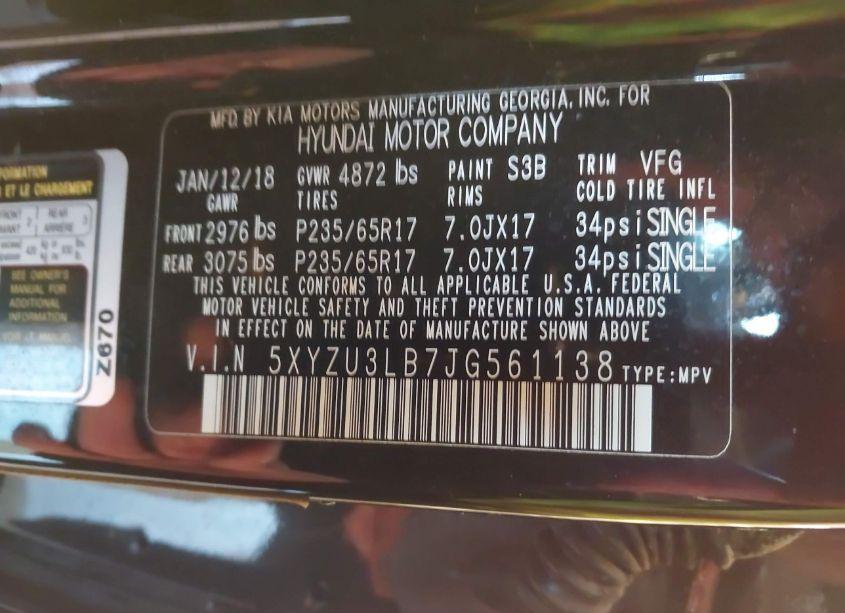 Photo 9 of 2018 Hyundai Santa FE SPORT 2.4L (VIN 5XYZU3LB7JG561138)