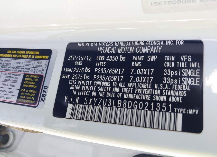 Photo 9 of 2013 Hyundai Santa FE SPORT (VIN 5XYZU3LB8DG021351)