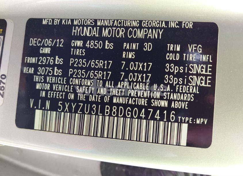 Photo 9 of 2013 Hyundai Santa FE SPORT (VIN 5XYZU3LB8DG047416)