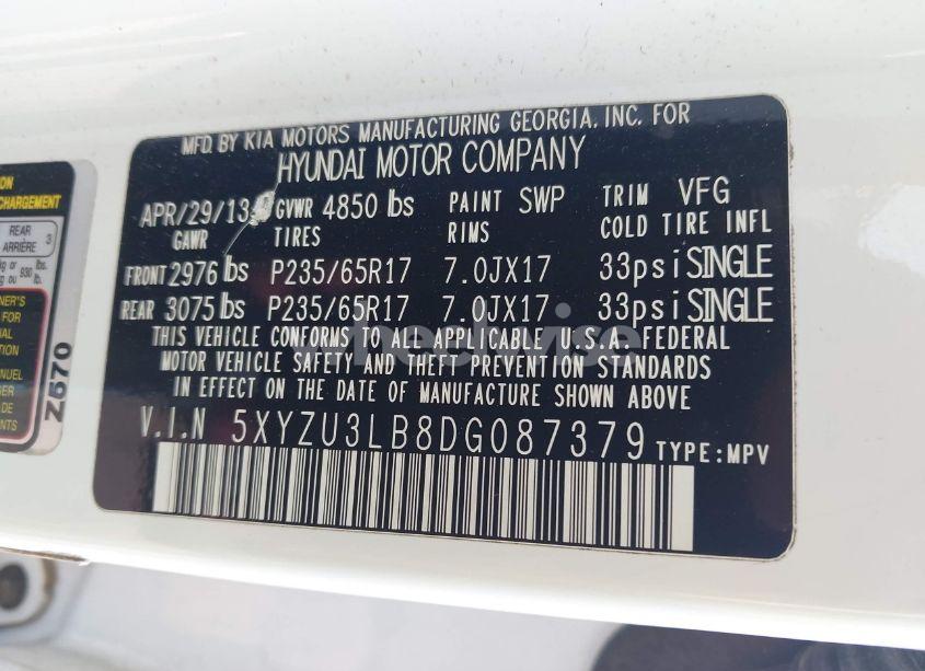 Photo 9 of 2013 Hyundai Santa FE SPORT (VIN 5XYZU3LB8DG087379)