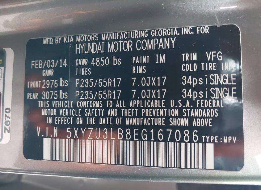 Photo 9 of 2014 Hyundai Santa FE SPORT 2.4L (VIN 5XYZU3LB8EG167086)