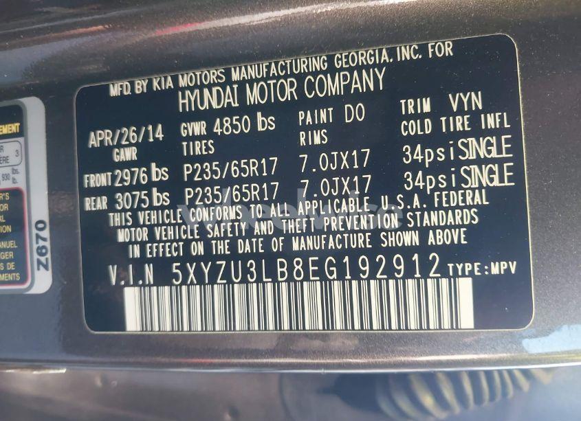 Photo 9 of 2014 Hyundai Santa FE SPORT 2.4L (VIN 5XYZU3LB8EG192912)