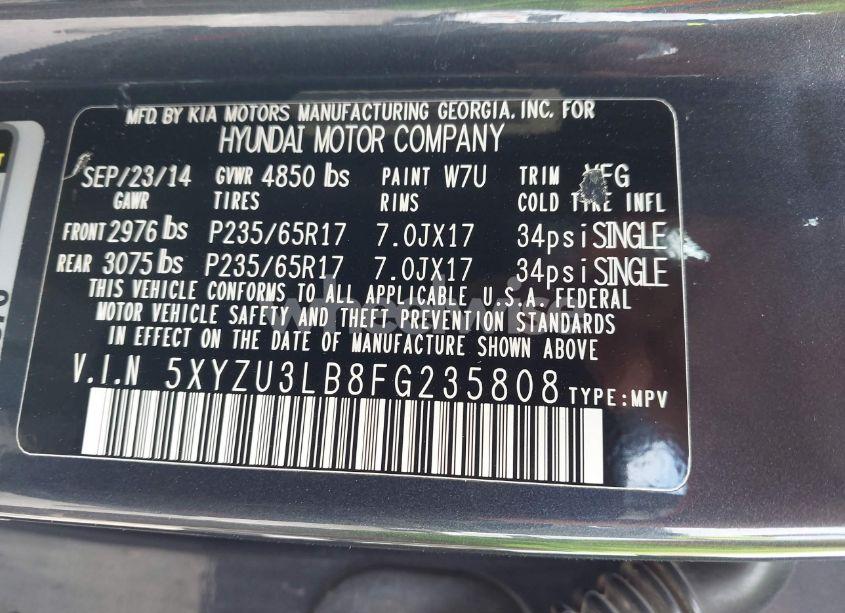 Photo 9 of 2015 Hyundai Santa FE SPORT 2.4L (VIN 5XYZU3LB8FG235808)