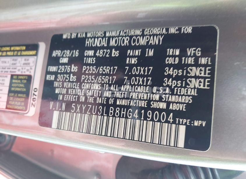 Photo 9 of 2017 Hyundai Santa FE SPORT 2.4L (VIN 5XYZU3LB8HG419004)