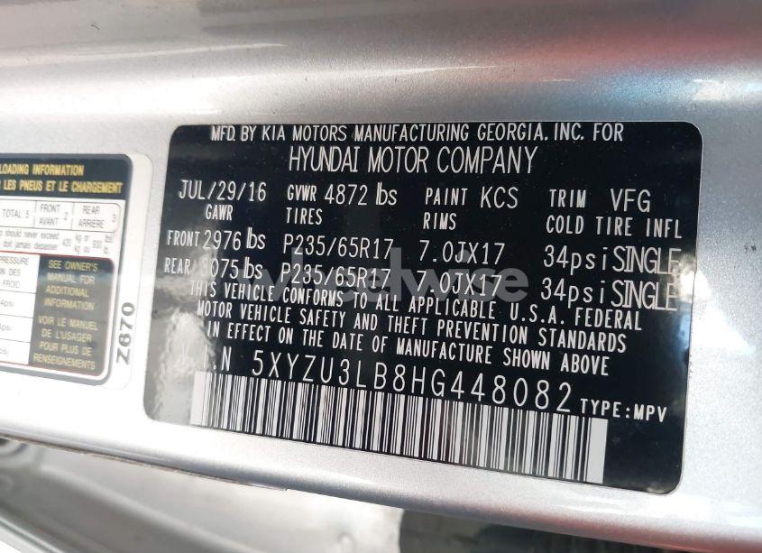 Photo 9 of 2017 Hyundai Santa FE SPORT 2.4L (VIN 5XYZU3LB8HG448082)