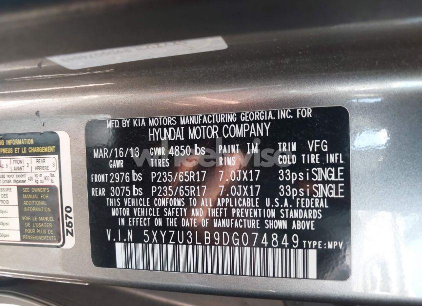 Photo 9 of 2013 Hyundai Santa FE SPORT (VIN 5XYZU3LB9DG074849)