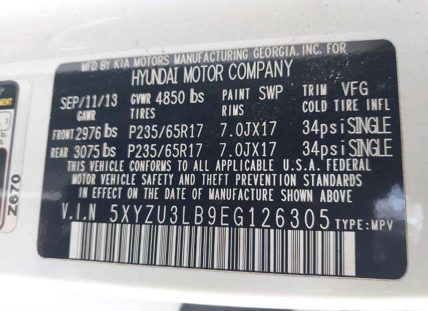 Photo 9 of 2014 Hyundai Santa FE SPORT 2.4L (VIN 5XYZU3LB9EG126305)