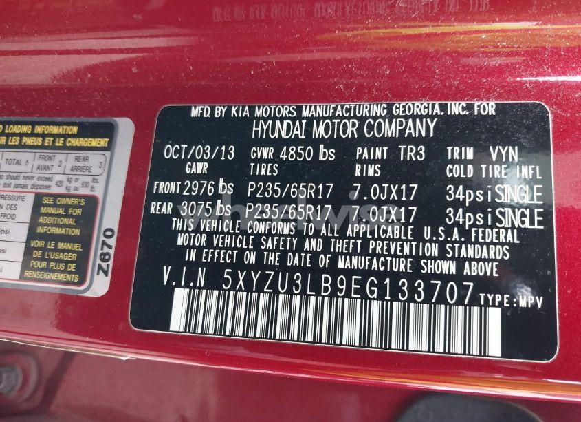 Photo 9 of 2014 Hyundai Santa FE SPORT 2.4L (VIN 5XYZU3LB9EG133707)