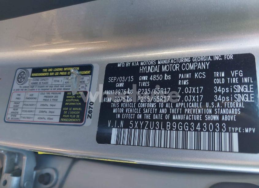 Photo 9 of 2016 Hyundai Santa FE SPORT 2.4L (VIN 5XYZU3LB9GG343033)