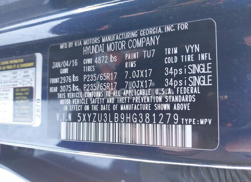 Photo 9 of 2017 Hyundai Santa FE SPORT 2.4L (VIN 5XYZU3LB9HG381279)