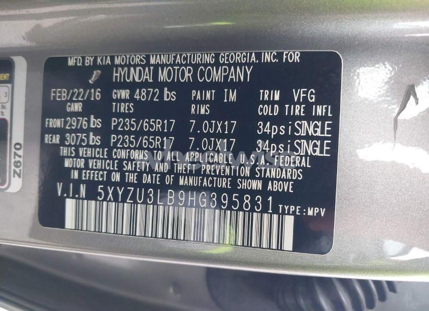 Photo 9 of 2017 Hyundai Santa FE SPORT 2.4L (VIN 5XYZU3LB9HG395831)