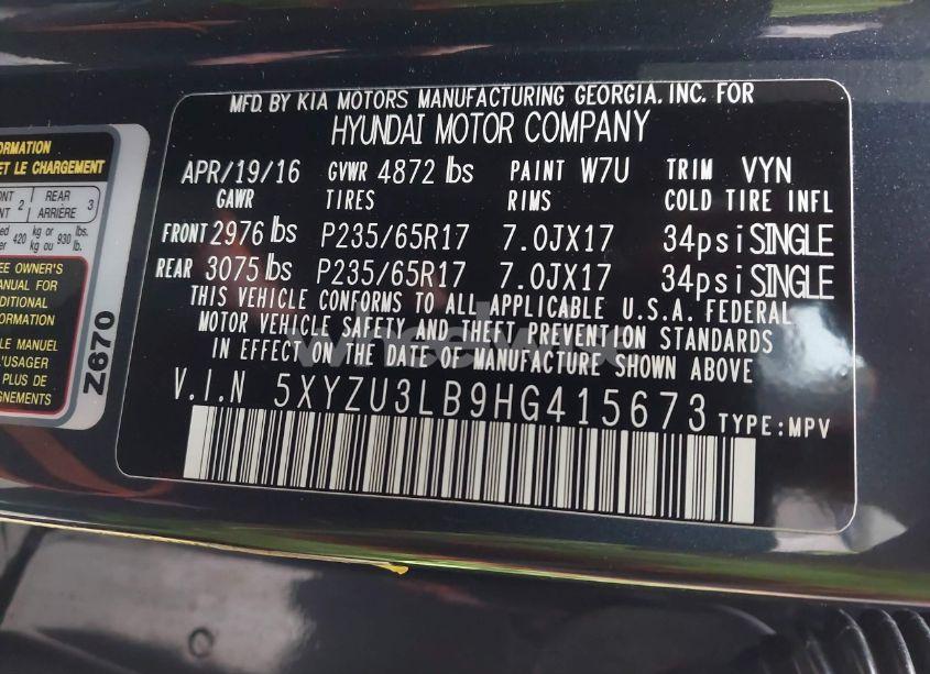 Photo 9 of 2017 Hyundai Santa FE SPORT 2.4L (VIN 5XYZU3LB9HG415673)