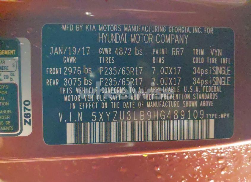 Photo 9 of 2017 Hyundai Santa FE SPORT 2.4L (VIN 5XYZU3LB9HG489109)