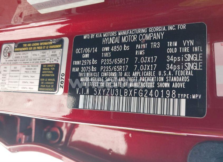 Photo 9 of 2015 Hyundai Santa FE SPORT 2.4L (VIN 5XYZU3LBXFG240198)