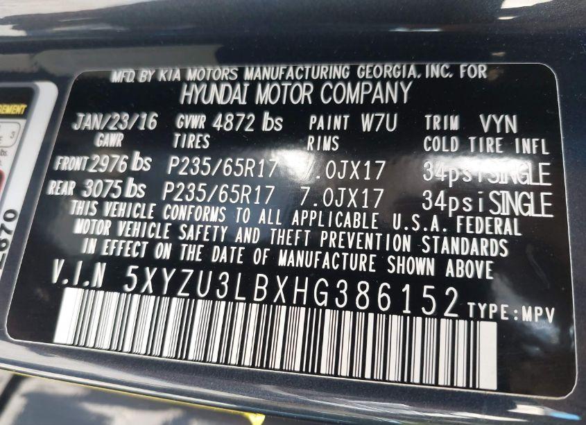 Photo 9 of 2017 Hyundai Santa FE SPORT 2.4L (VIN 5XYZU3LBXHG386152)