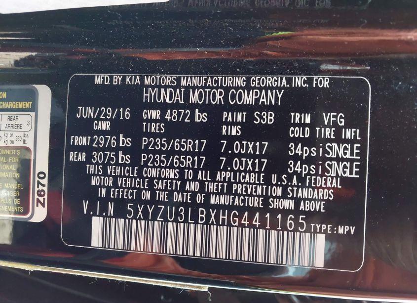 Photo 9 of 2017 Hyundai Santa FE SPORT 2.4L (VIN 5XYZU3LBXHG441165)