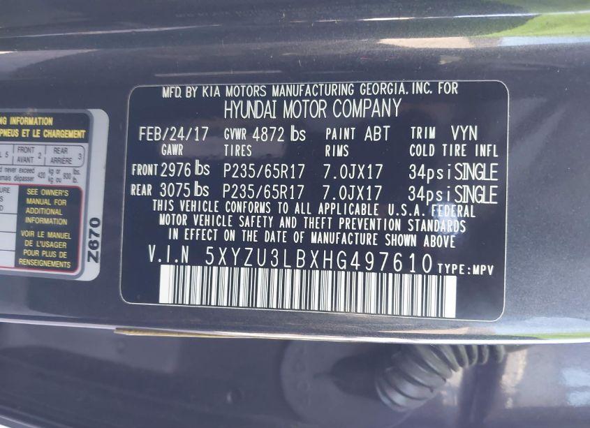 Photo 9 of 2017 Hyundai Santa FE SPORT 2.4L (VIN 5XYZU3LBXHG497610)