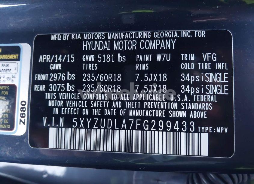 Photo 9 of 2015 Hyundai Santa FE SPORT 2.0L TURBO (VIN 5XYZUDLA7FG299433)