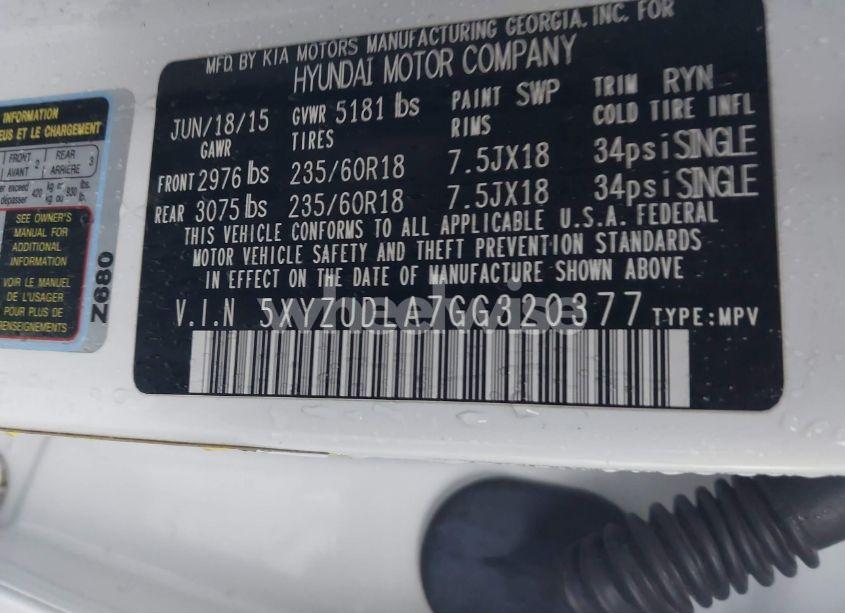 Photo 9 of 2016 Hyundai Santa FE SPORT 2.0L TURBO (VIN 5XYZUDLA7GG320377)