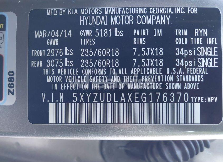 Photo 9 of 2014 Hyundai Santa FE SPORT 2.0L TURBO (A6) (VIN 5XYZUDLAXEG176370)