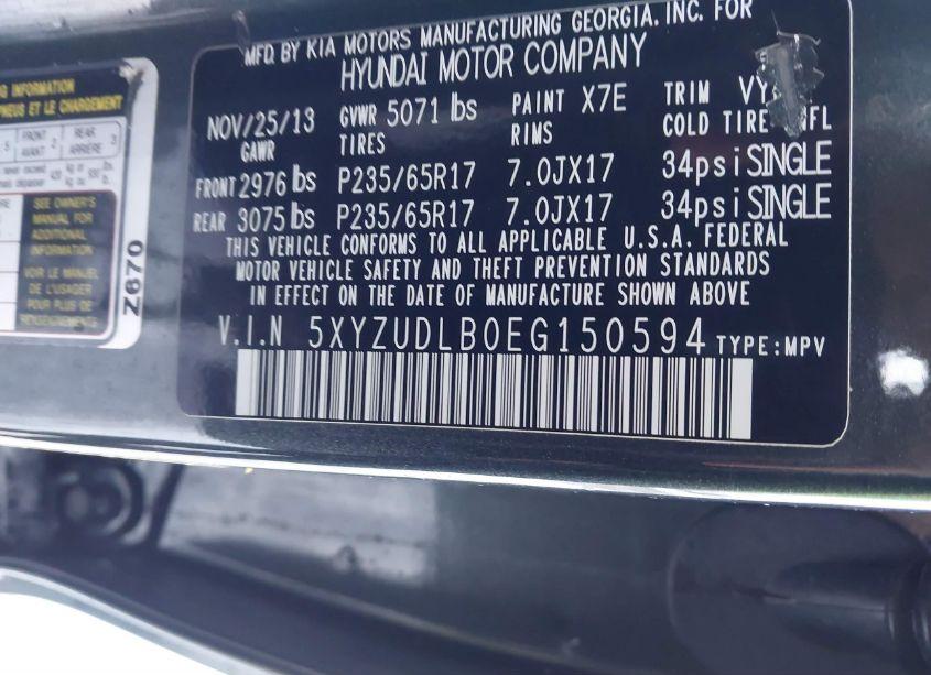 Photo 9 of 2014 Hyundai Santa FE SPORT 2.4L (VIN 5XYZUDLB0EG150594)