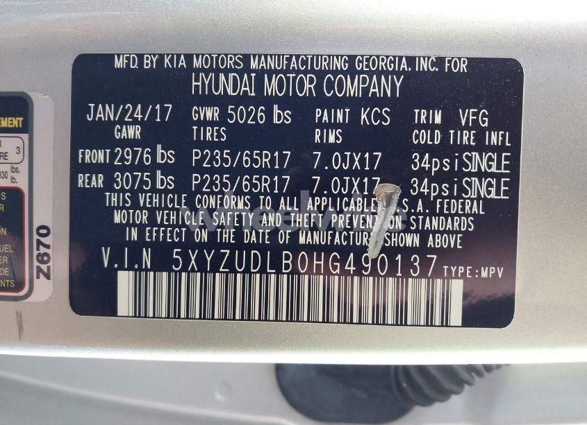 Photo 9 of 2017 Hyundai Santa FE SPORT 2.4L (VIN 5XYZUDLB0HG490137)