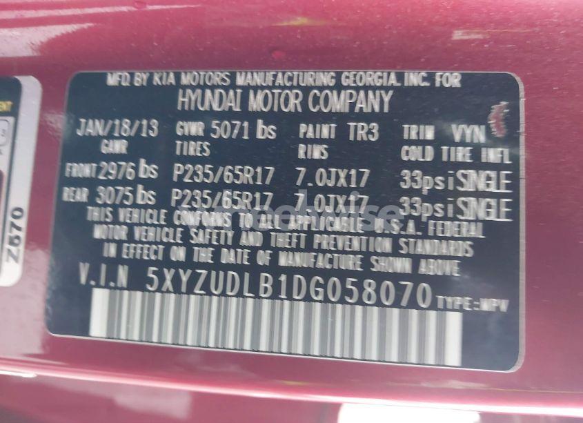 Photo 9 of 2013 Hyundai Santa FE SPORT (VIN 5XYZUDLB1DG058070)