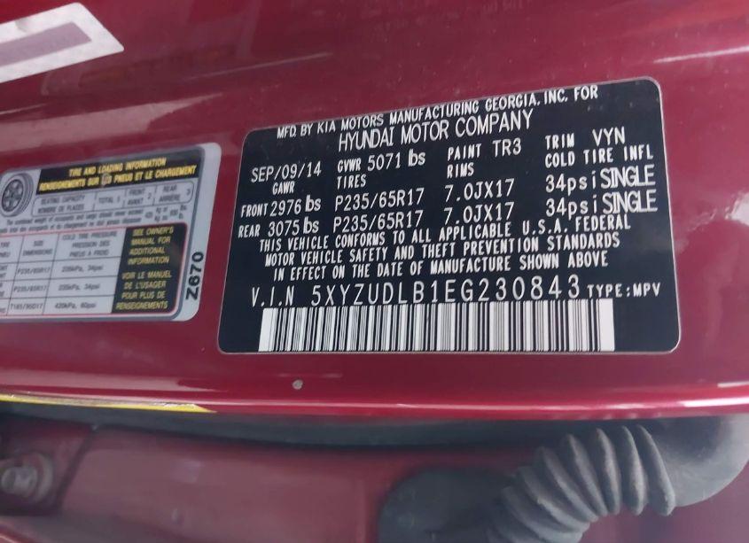 Photo 9 of 2014 Hyundai Santa FE SPORT 2.4L (VIN 5XYZUDLB1EG230843)