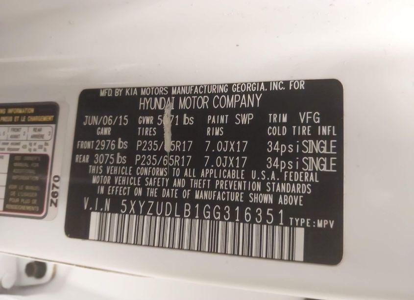 Photo 9 of 2016 Hyundai Santa FE SPORT 2.4L (VIN 5XYZUDLB1GG316351)