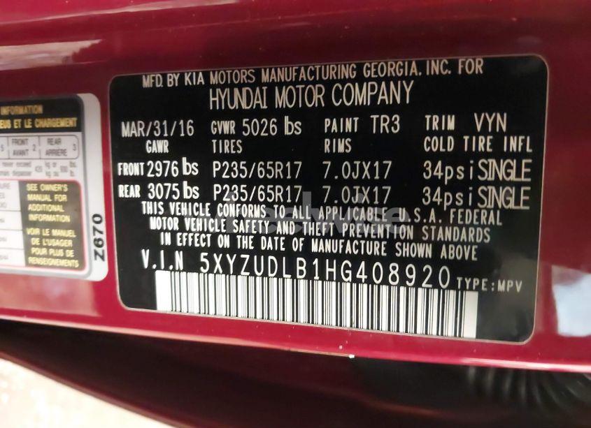 Photo 9 of 2017 Hyundai Santa FE SPORT (VIN 5XYZUDLB1HG408920)