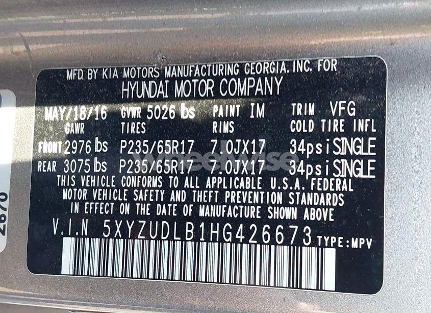 Photo 9 of 2017 Hyundai Santa FE SPORT 2.4L (VIN 5XYZUDLB1HG426673)