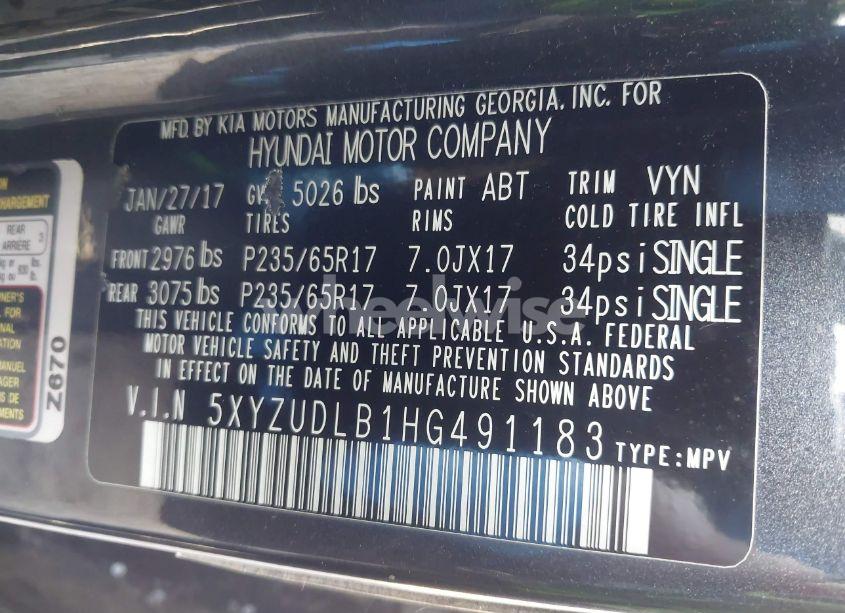 Photo 9 of 2017 Hyundai Santa FE SPORT 2.4L (VIN 5XYZUDLB1HG491183)
