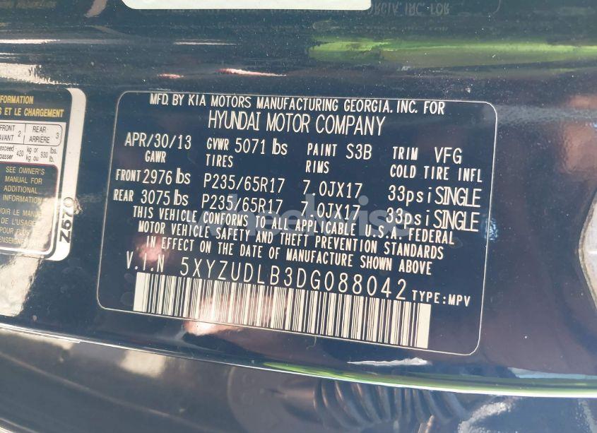 Photo 9 of 2013 Hyundai Santa FE SPORT (VIN 5XYZUDLB3DG088042)