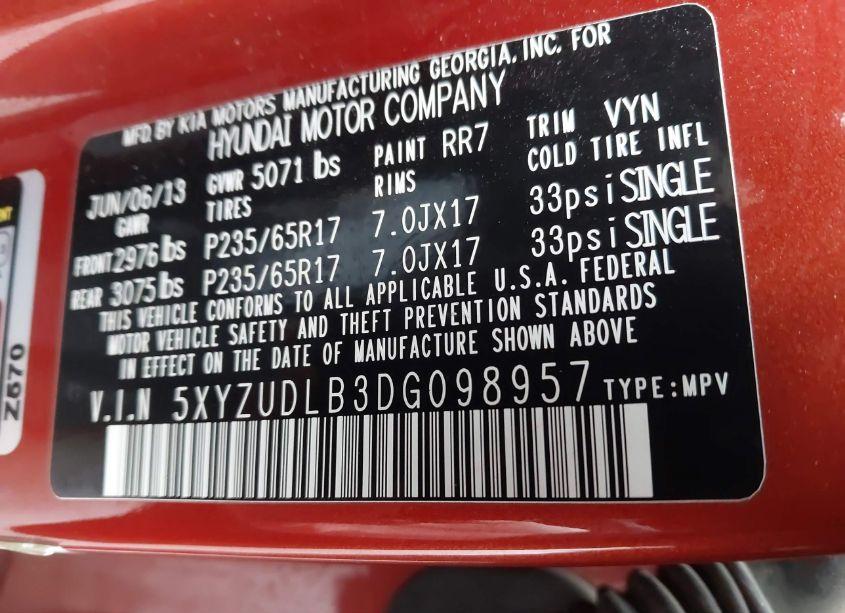 Photo 9 of 2013 Hyundai Santa FE SPORT (VIN 5XYZUDLB3DG098957)