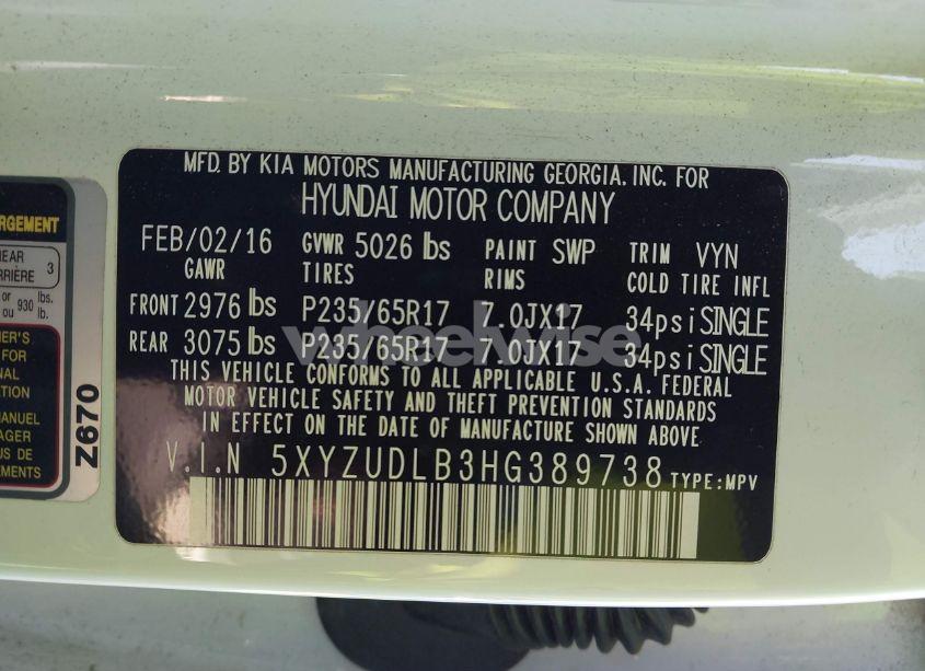 Photo 9 of 2017 Hyundai Santa FE SPORT 2.4L (VIN 5XYZUDLB3HG389738)