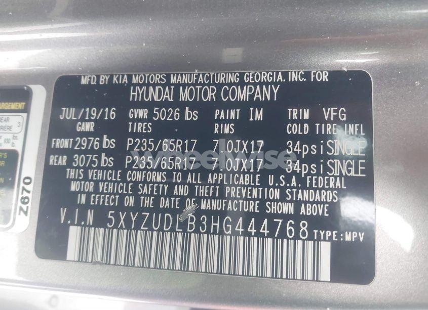 Photo 9 of 2017 Hyundai Santa FE SPORT 2.4L (VIN 5XYZUDLB3HG444768)