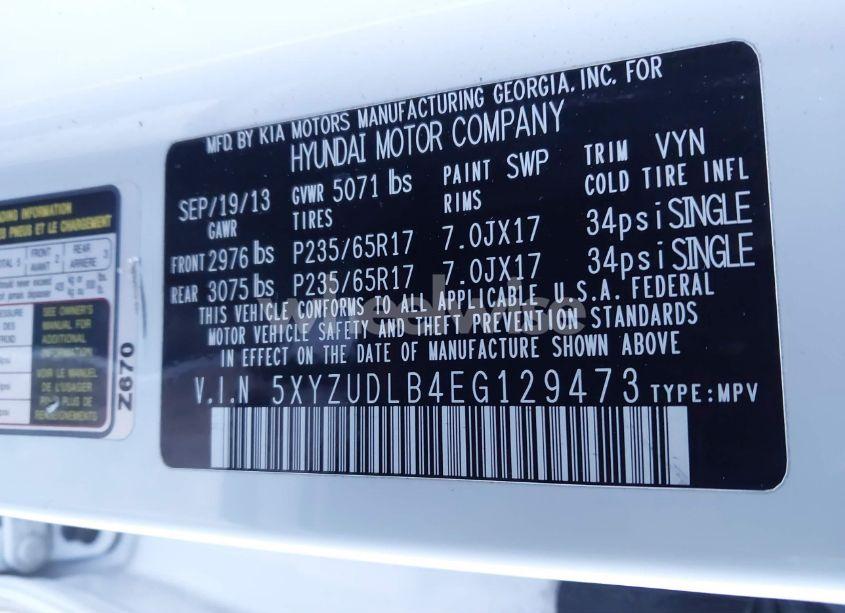 Photo 9 of 2014 Hyundai Santa FE SPORT 2.4L (VIN 5XYZUDLB4EG129473)