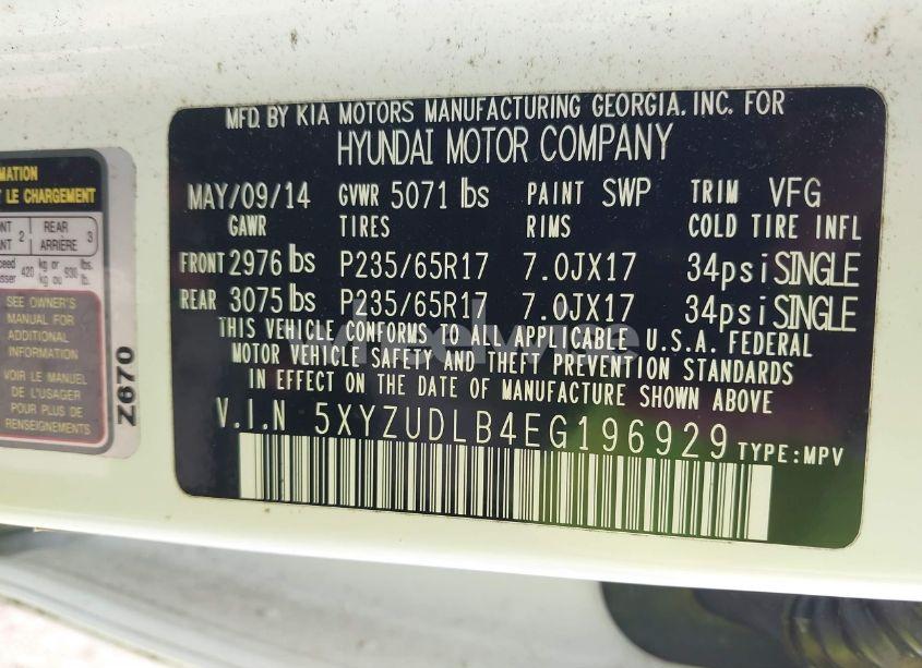 Photo 9 of 2014 Hyundai Santa FE SPORT 2.4L (VIN 5XYZUDLB4EG196929)