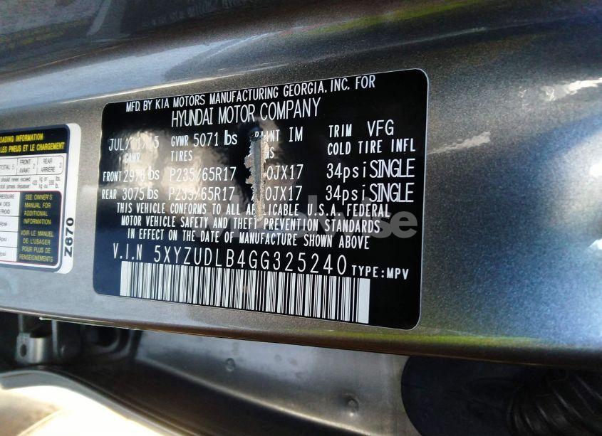 Photo 9 of 2016 Hyundai Santa FE SPORT 2.4L (VIN 5XYZUDLB4GG325240)