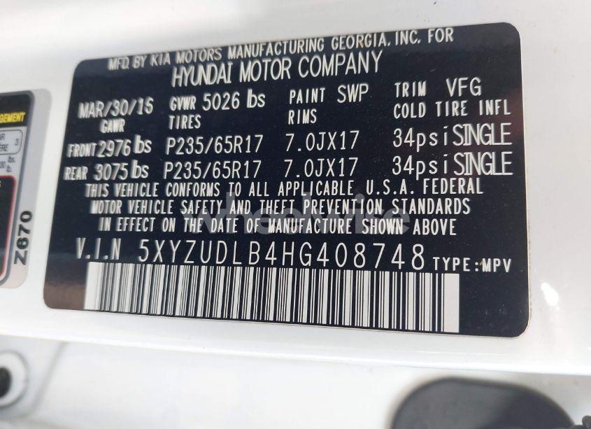 Photo 9 of 2017 Hyundai Santa FE SPORT 2.4L (VIN 5XYZUDLB4HG408748)