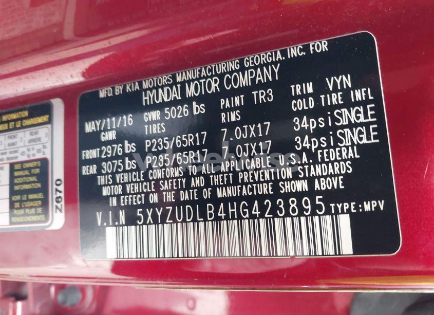 Photo 9 of 2017 Hyundai Santa FE SPORT 2.4L (VIN 5XYZUDLB4HG423895)